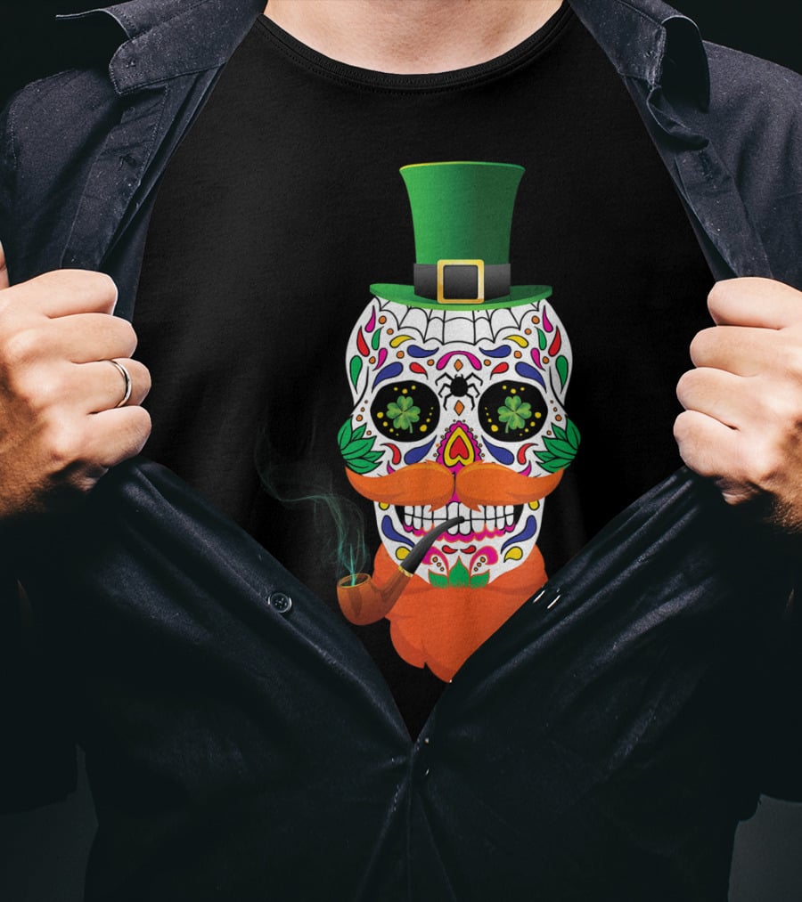 Irish Sugar Skull Leprechaun St Patricks Day Clover Pipe Hat Colorful T-Shirt