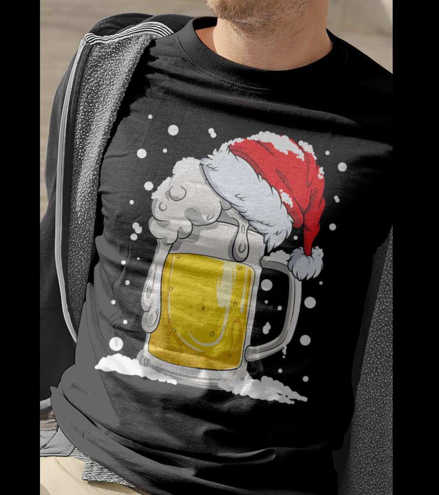 Beer Mug Wearing Santa Hat Surrounded By Snowflakes T-Shirt