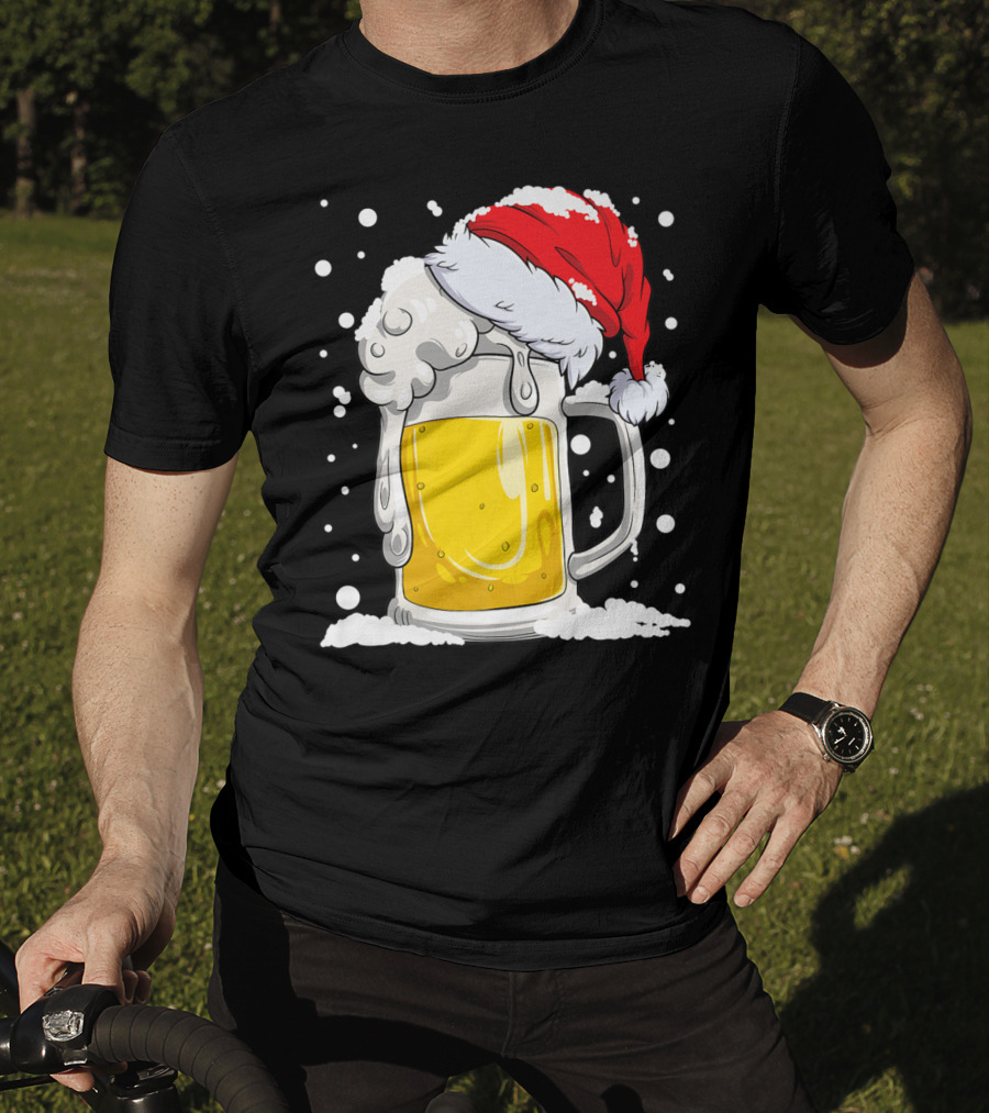 Beer Mug Wearing Santa Hat Surrounded By Snowflakes T-Shirt