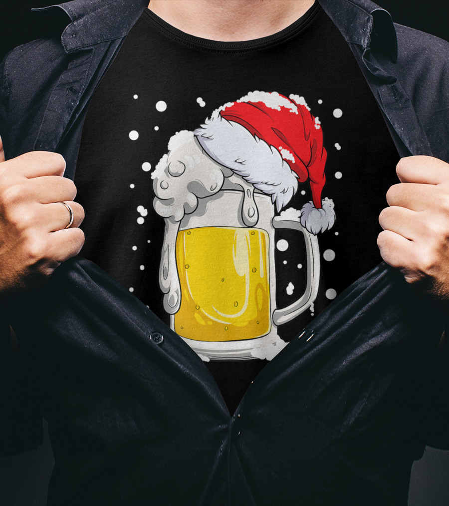 Beer Mug Wearing Santa Hat Surrounded By Snowflakes T-Shirt