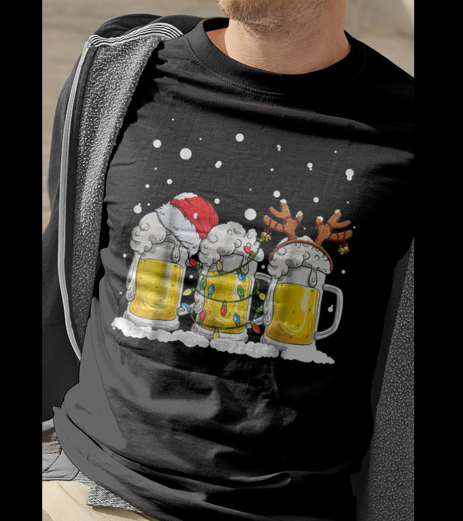 Beer Christmas Santa Hat Reindeer Antlers Xmas Lights T-Shirt