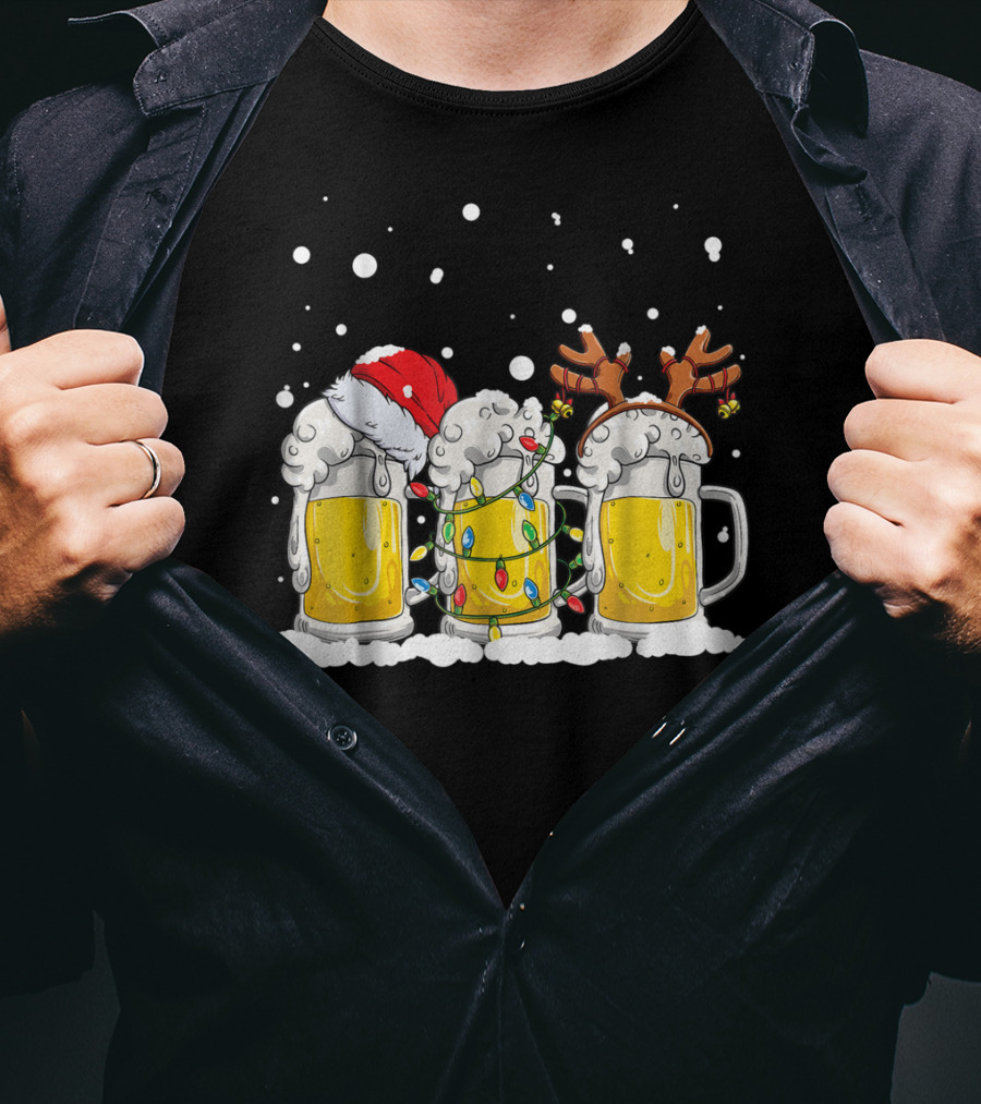 Beer Christmas Santa Hat Reindeer Antlers Xmas Lights T-Shirt