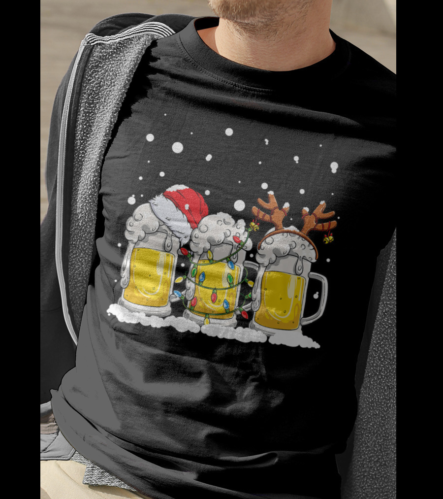 Beer Santa Christmas Lights Reinbeer Holiday Cheers T-Shirt