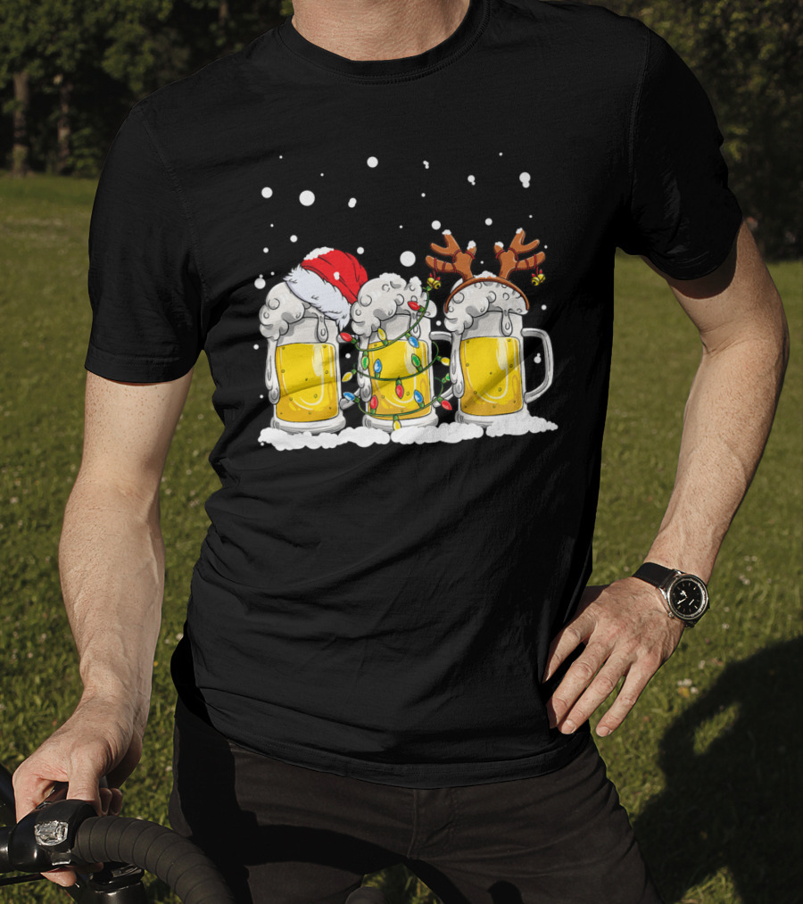 Beer Santa Christmas Lights Reinbeer Holiday Cheers T-Shirt