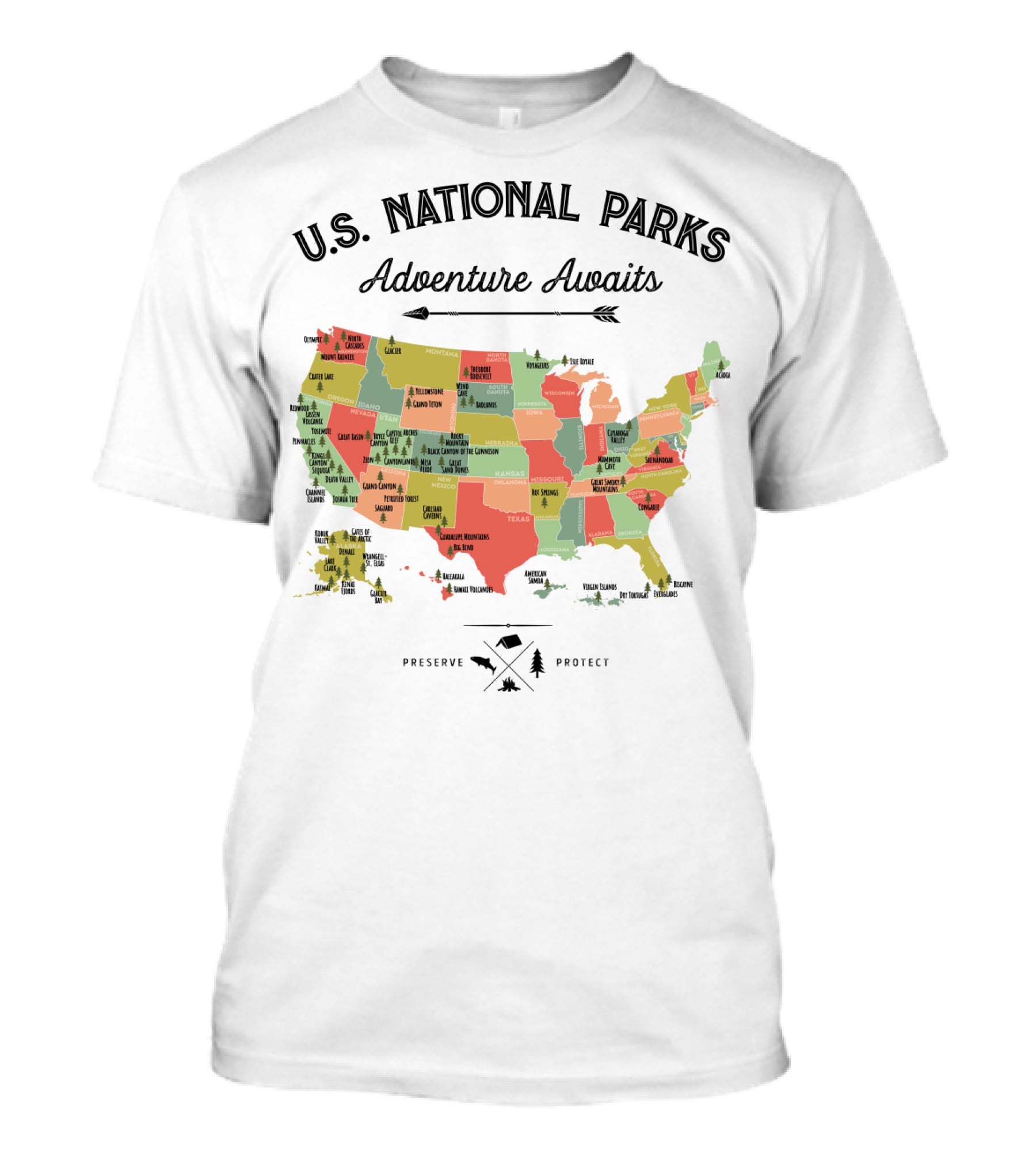 U.S. National Parks Adventure Awaits Map Preserve Protect Vintage Camping Hiking 59 US T-Shirt