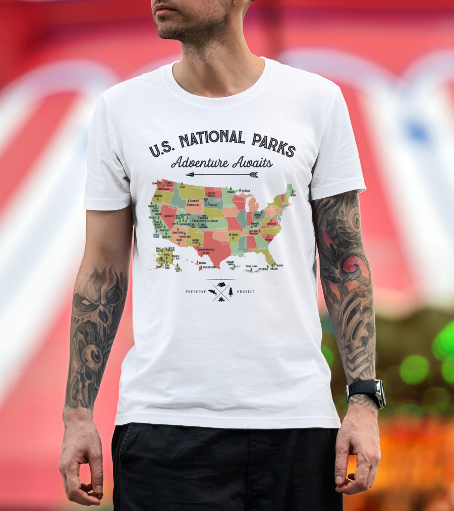 U.S. National Parks Adventure Awaits Map Preserve Protect Vintage Camping Hiking 59 US T-Shirt