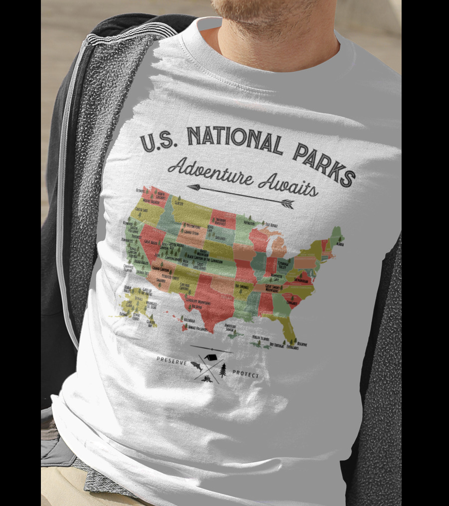 U.S. National Parks Adventure Awaits Map Preserve Protect Vintage Camping Hiking 59 US T-Shirt