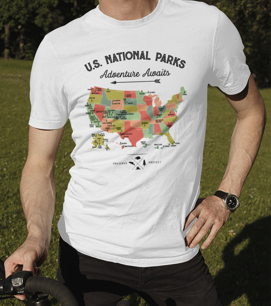 U.S. National Parks Adventure Awaits Map Preserve Protect Vintage Camping Hiking 59 US T-Shirt