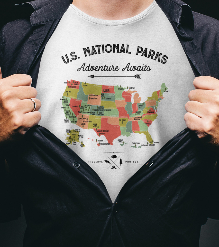 U.S. National Parks Adventure Awaits Map Preserve Protect Vintage Camping Hiking 59 US T-Shirt