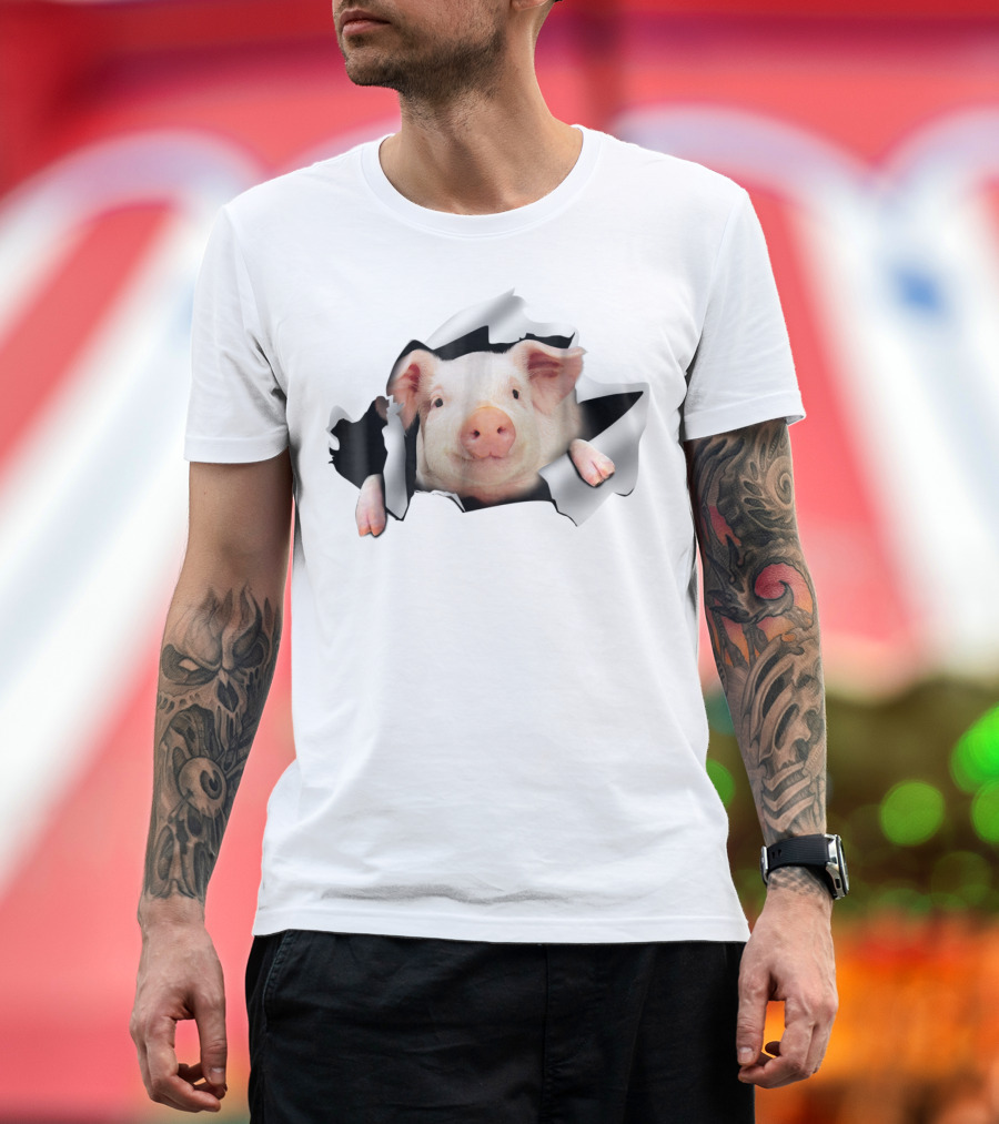 Pig Clawing Through Hole In Background Pig Farmer T-Shirt