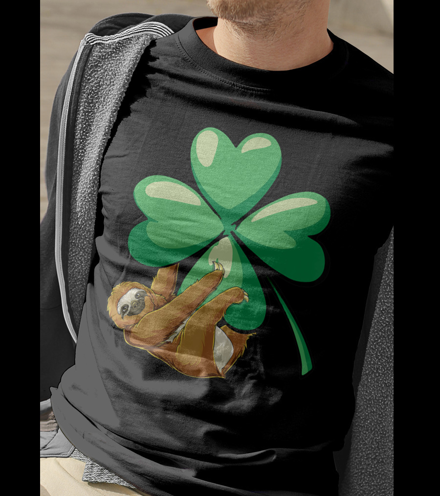 Sloth Hugging Shamrock St Patricks Day Women Girls Lucky Charm T-Shirt