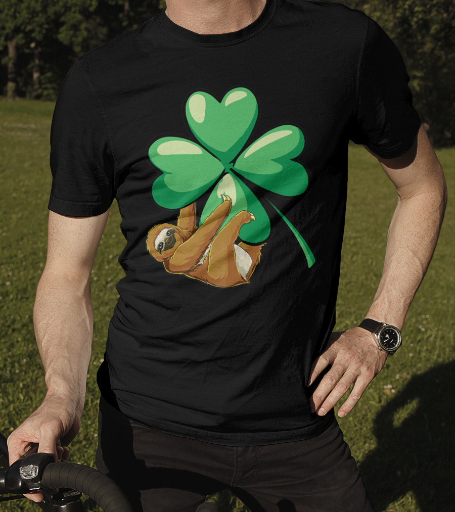 Sloth Hugging Shamrock St Patricks Day Women Girls Lucky Charm T-Shirt