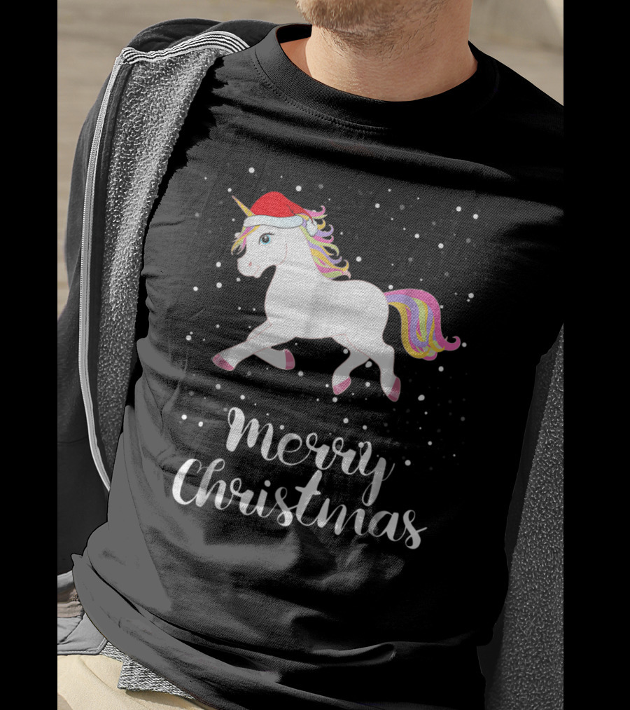 Merry Christmas Unicorn Santa Hat Family Group Matching T-Shirt