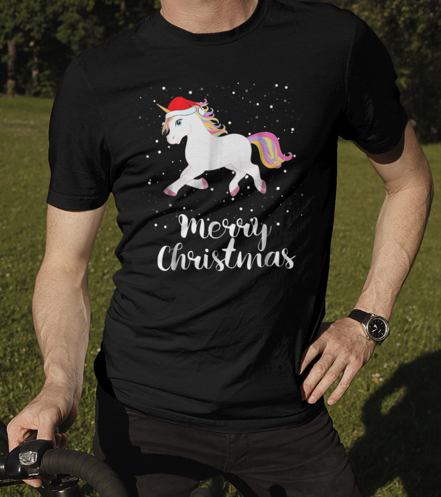 Merry Christmas Unicorn Santa Hat Family Group Matching T-Shirt