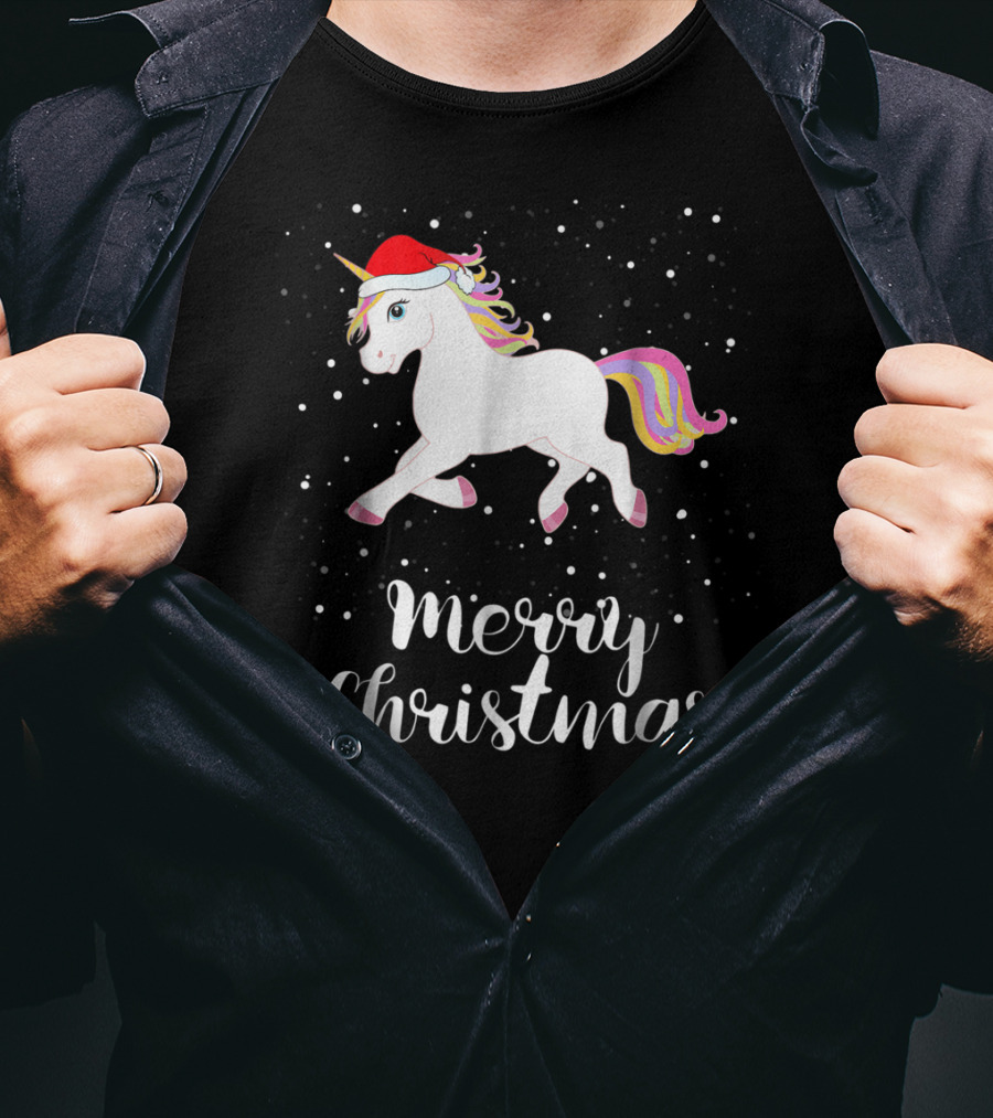 Merry Christmas Unicorn Santa Hat Family Group Matching T-Shirt
