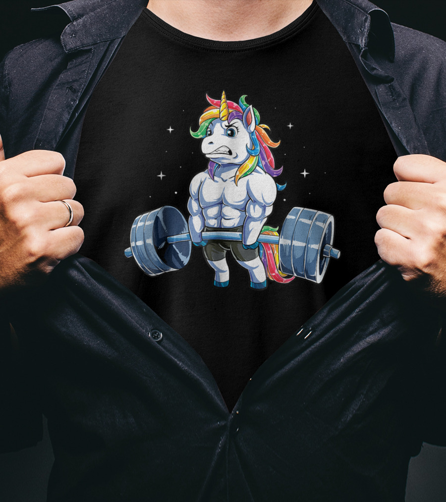 Unicorn Weightlifting Fitness Gym Deadlift Rainbow13 Muscular Mythical Beast Lifting Barbell T-Shirt