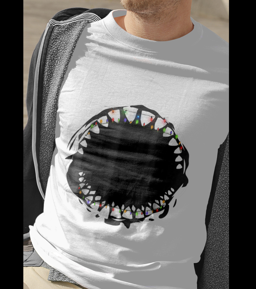Shark Face With Christmas Lights Xmas Shark T-Shirt