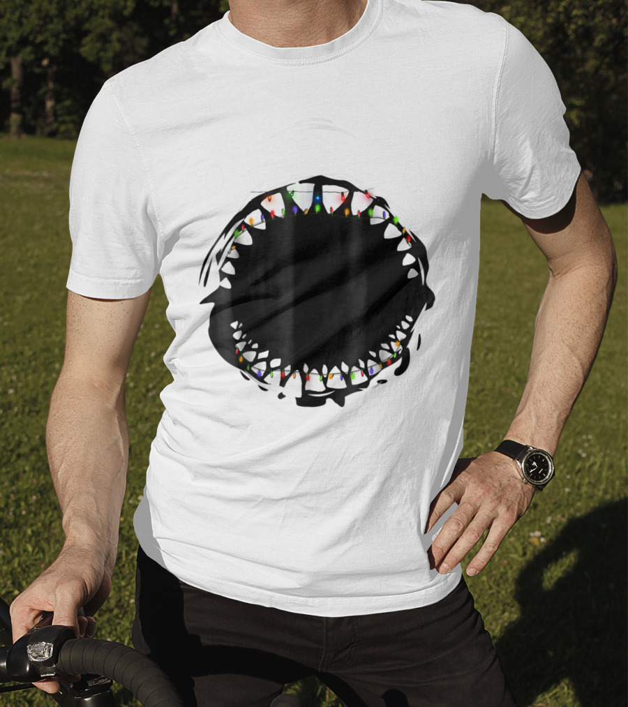 Shark Face With Christmas Lights Xmas Shark T-Shirt