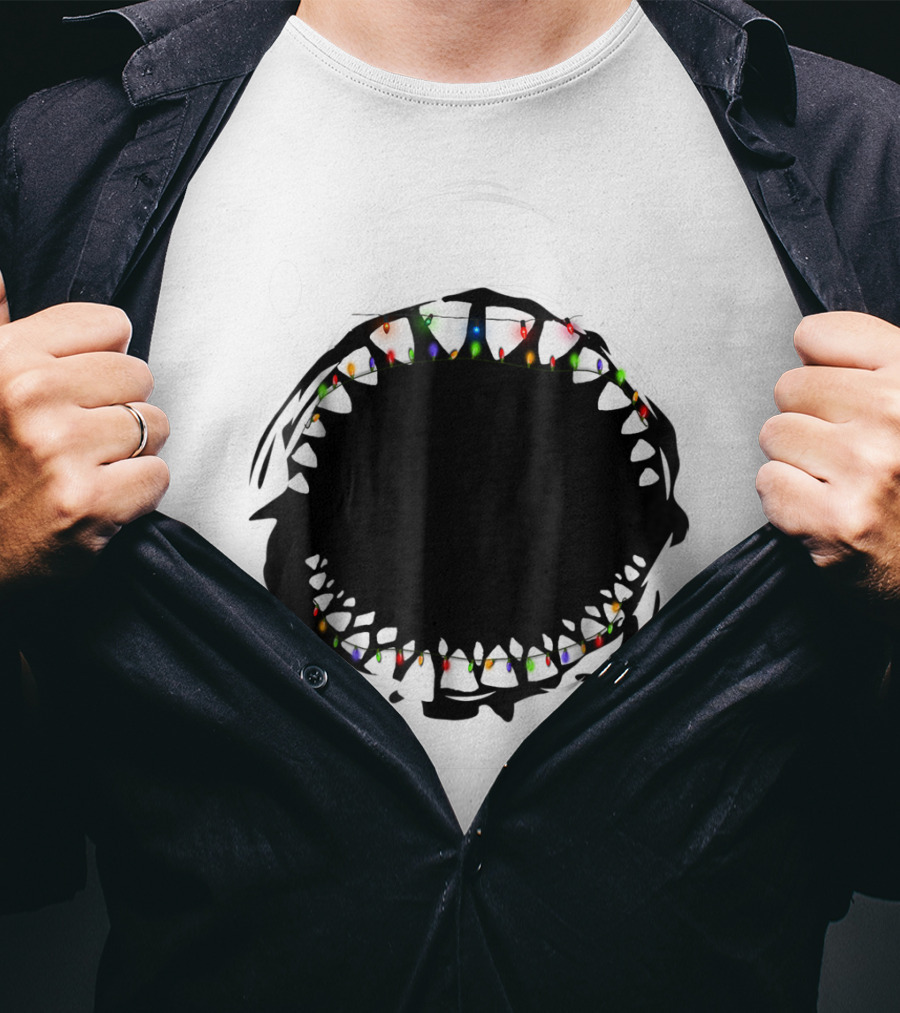 Shark Face With Christmas Lights Xmas Shark T-Shirt