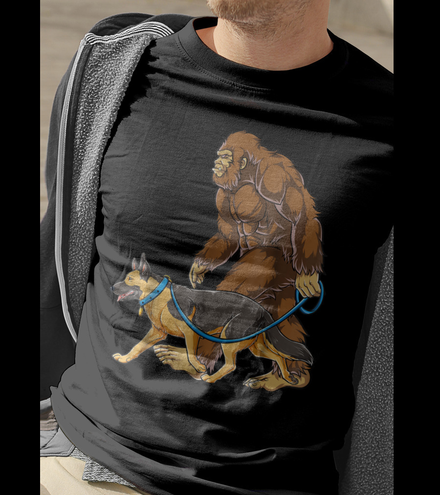 Bigfoot Sasquatch Walking German Shepherd Dog For Kids And Men T-Shirt