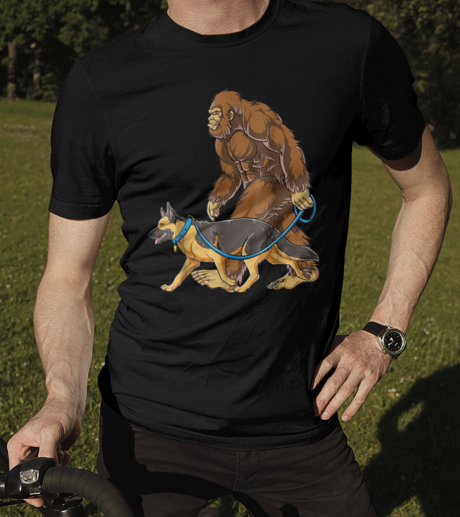 Bigfoot Sasquatch Walking German Shepherd Dog For Kids And Men T-Shirt