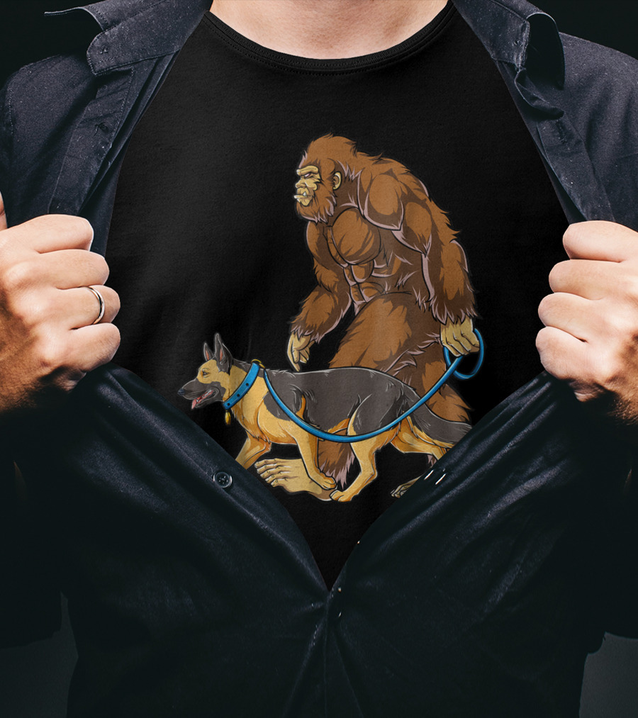 Bigfoot Sasquatch Walking German Shepherd Dog For Kids And Men T-Shirt
