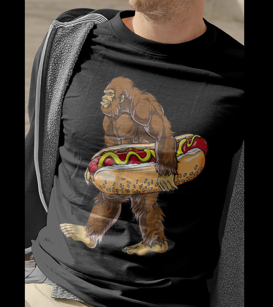 Bigfoot Carrying Giant Hotdog Sasquatch Food Lovers T-Shirt