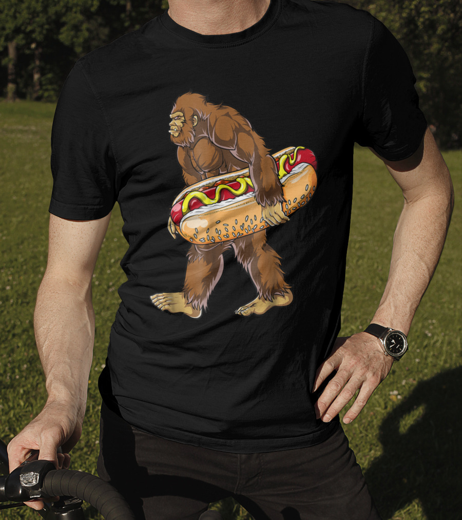 Bigfoot Carrying Giant Hotdog Sasquatch Food Lovers T-Shirt