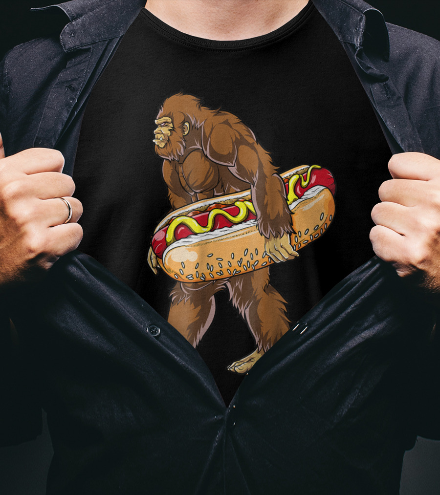 Bigfoot Carrying Giant Hotdog Sasquatch Food Lovers T-Shirt