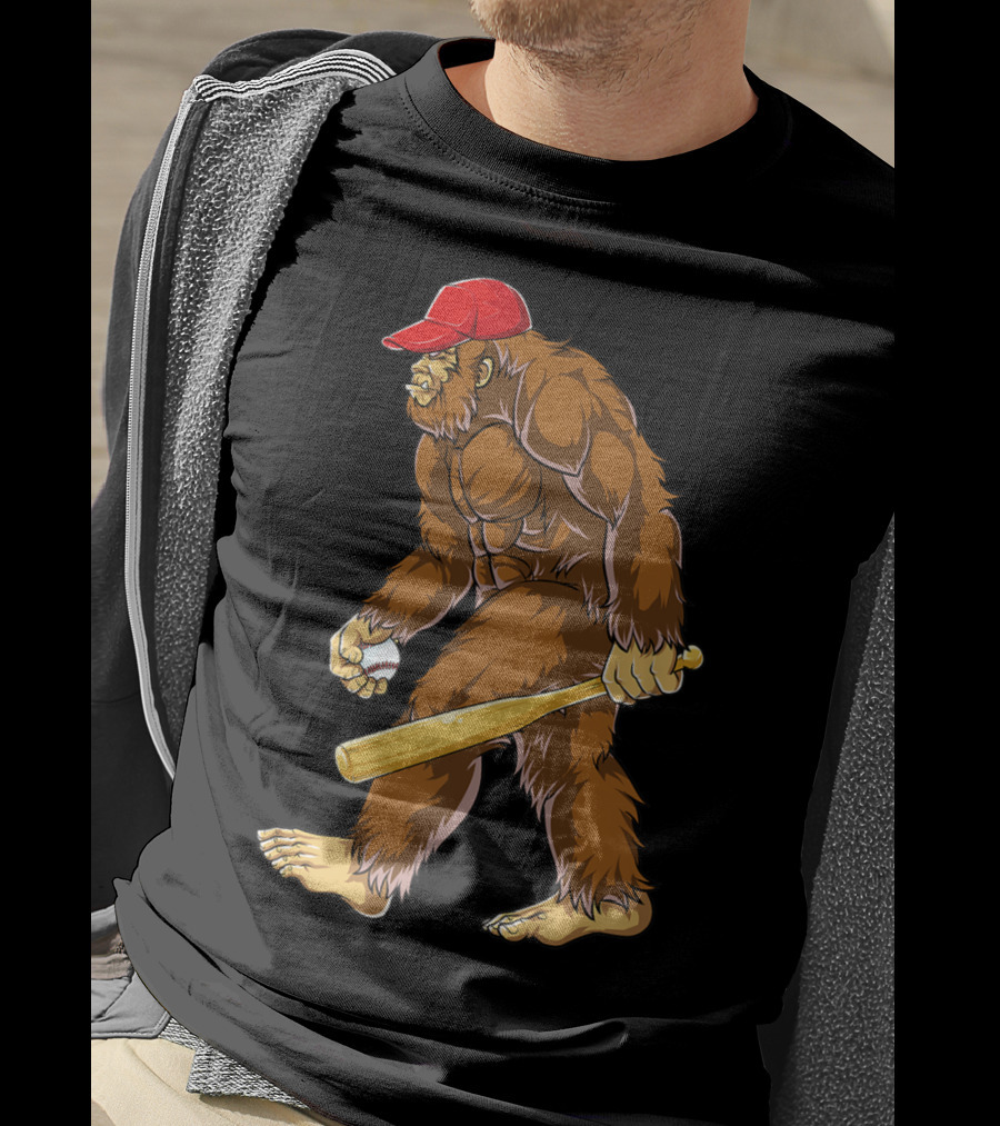 Bigfoot Sasquatch Baseball Catcher Pitcher Men Boys Red Cap Bat Sports T-Shirt