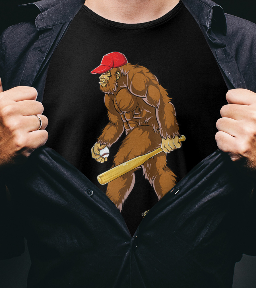 Bigfoot Sasquatch Baseball Catcher Pitcher Men Boys Red Cap Bat Sports T-Shirt