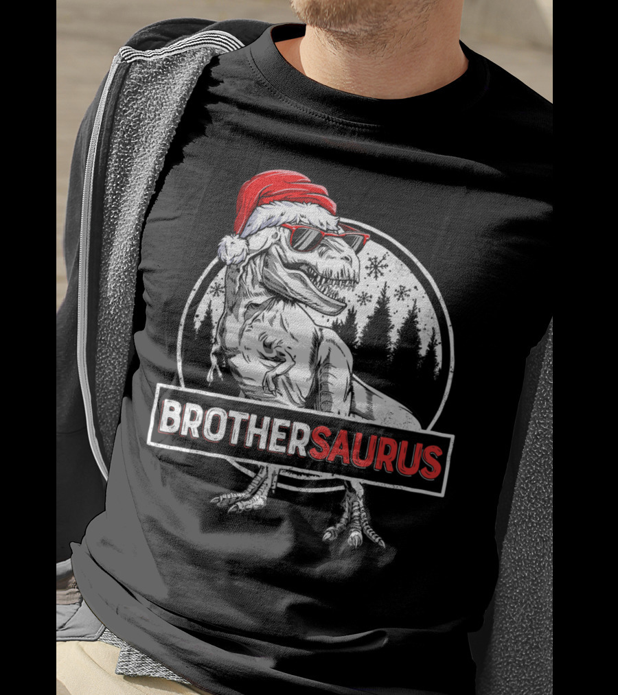 Brothersaurus Dinosaur Christmas Santa Hat Snowflakes Family Tees18 T-Shirt