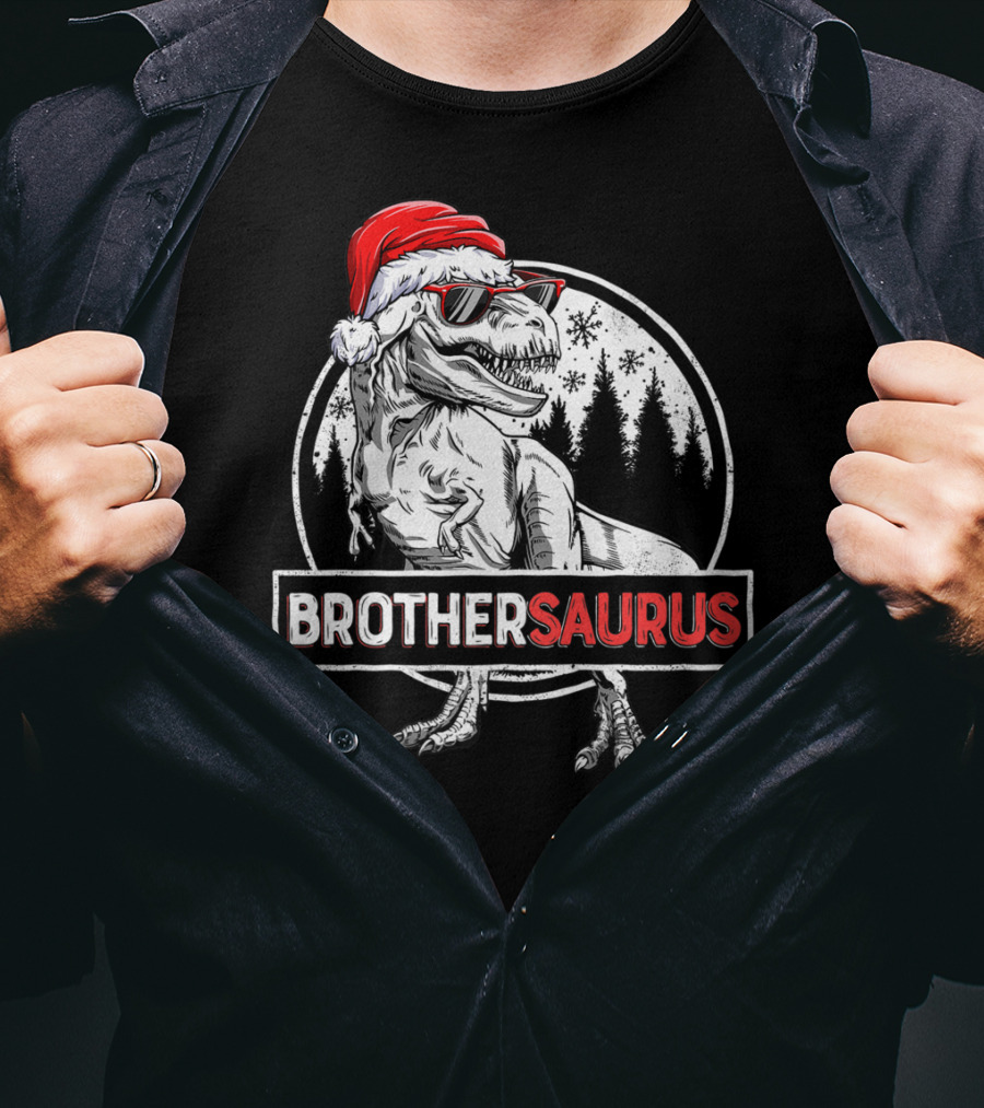 Brothersaurus Dinosaur Christmas Santa Hat Snowflakes Family Tees18 T-Shirt