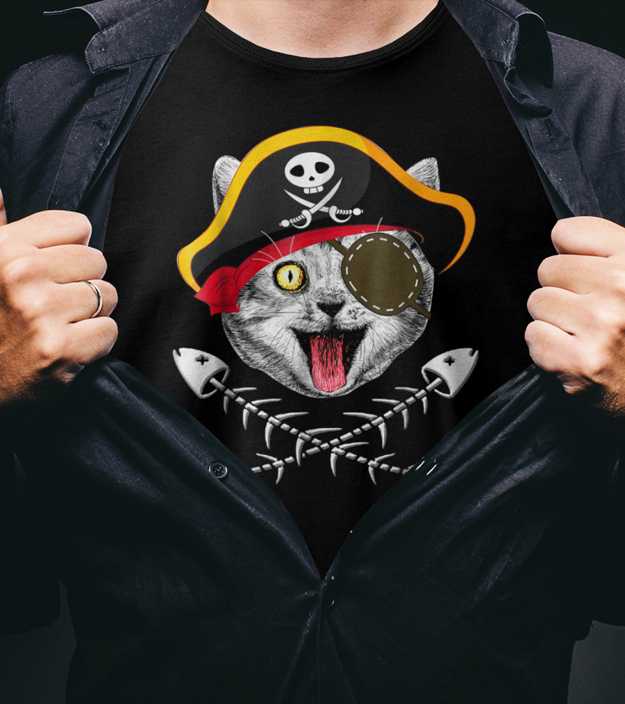 Cat Pirate Jolly Roger Flag Skull Crossbones Eyepatch Fishbones T-Shirt