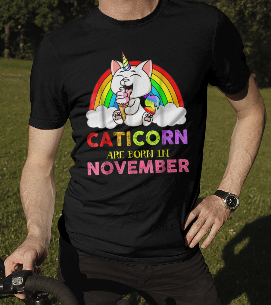 Caticorn Are Born In November Rainbow Ice Cream Cloud Cat Unicorn T-Shirt