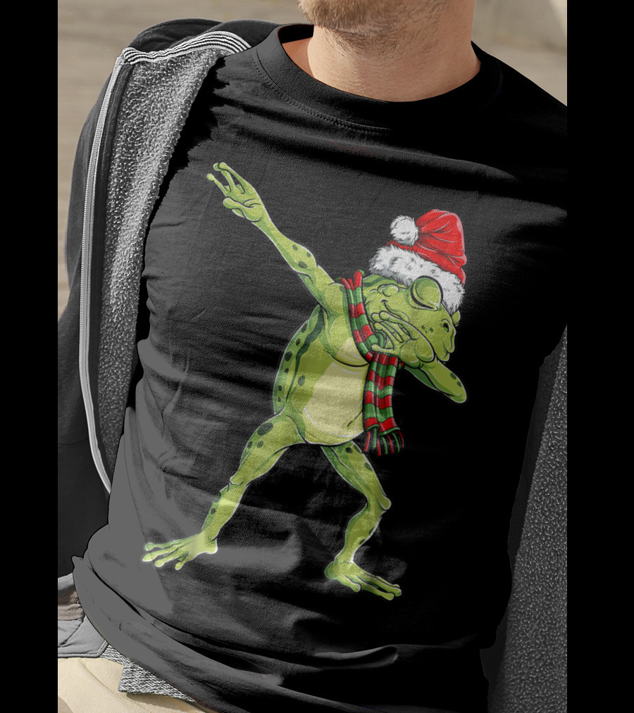 Christmas Dabbing Frog With Santa Hat And Scarf T-Shirt
