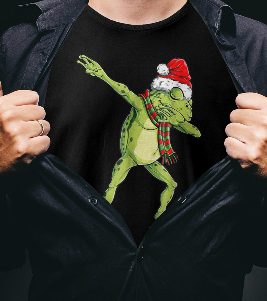 Christmas Dabbing Frog With Santa Hat And Scarf T-Shirt