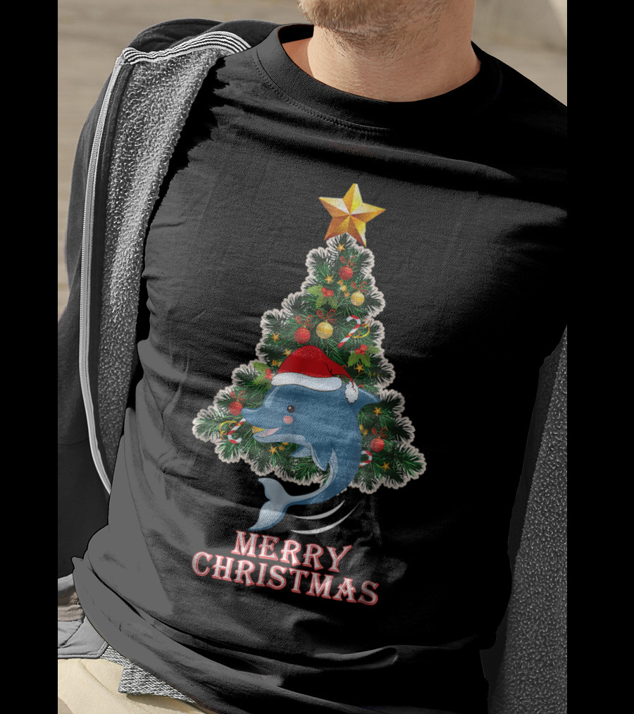 Merry Christmas Dolphin Tree With Santa Hat For Xmas T-Shirt