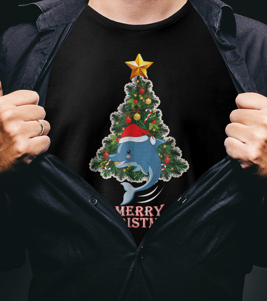 Merry Christmas Dolphin Tree With Santa Hat For Xmas T-Shirt
