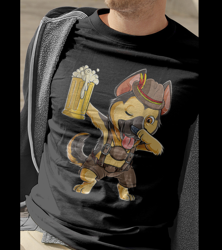 Dabbing German Shepherd Dab Men Prost Drinking Beer Oktoberfest Lederhosen T-Shirt