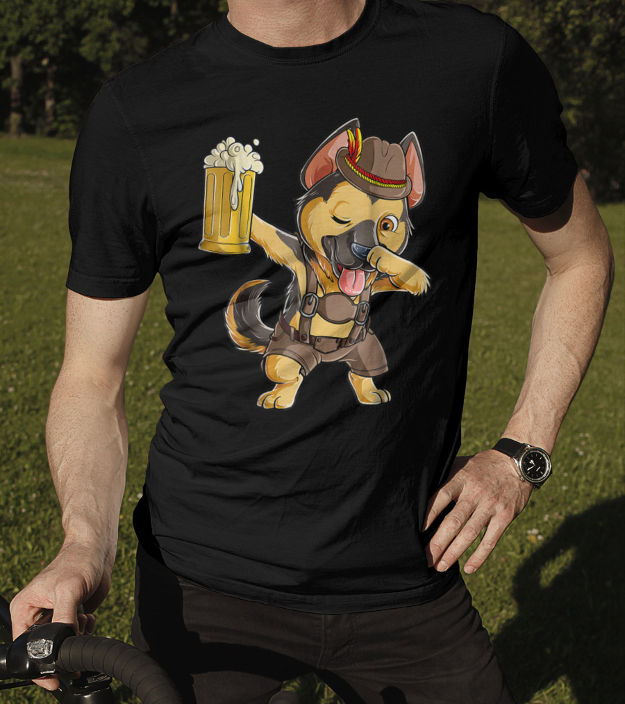 Dabbing German Shepherd Dab Men Prost Drinking Beer Oktoberfest Lederhosen T-Shirt