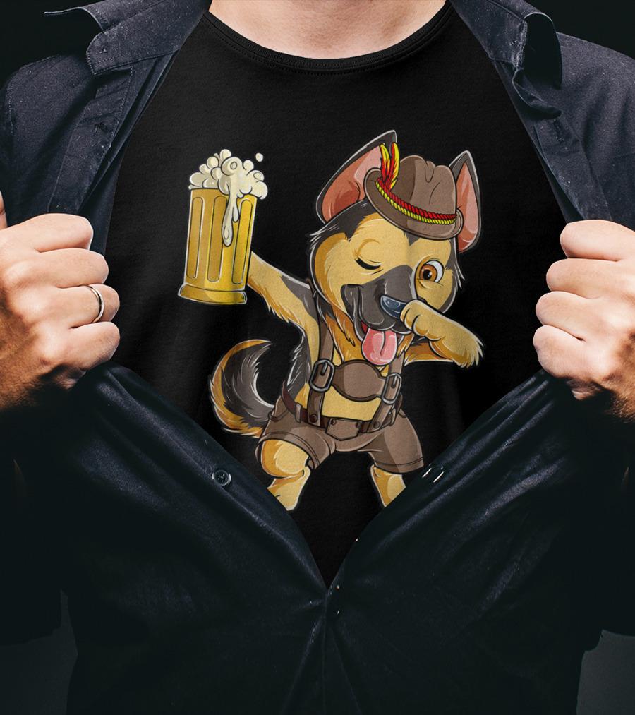 Dabbing German Shepherd Dab Men Prost Drinking Beer Oktoberfest Lederhosen T-Shirt