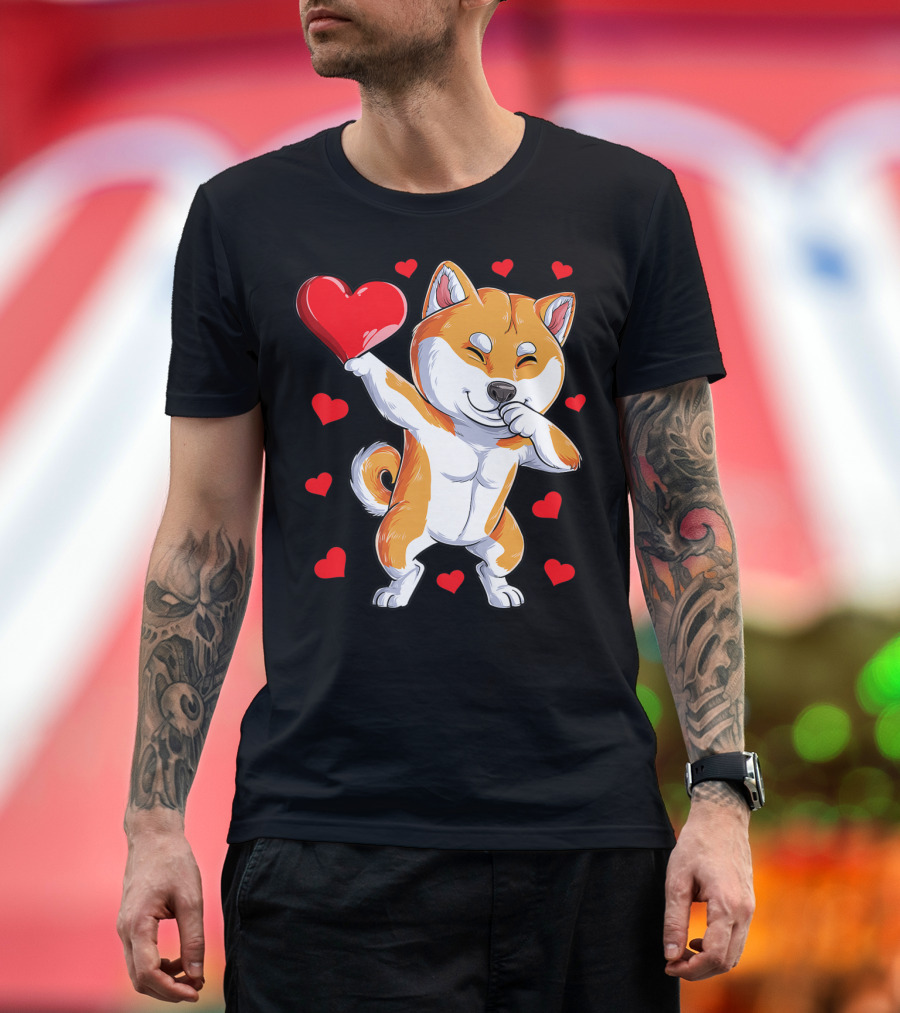 Dabbing Shiba Inu Holding Heart Valentines Day Dog Lover Boys T-Shirt