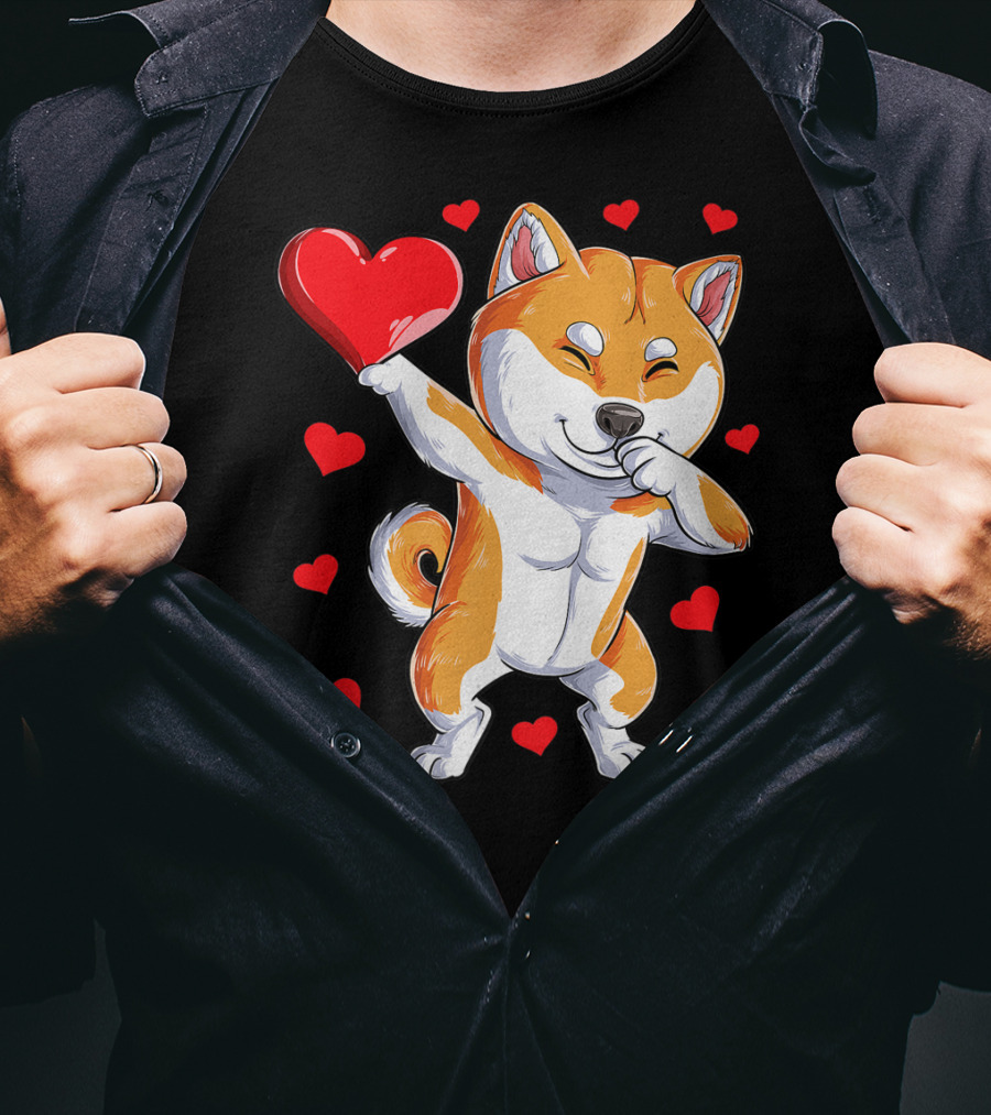 Dabbing Shiba Inu Holding Heart Valentines Day Dog Lover Boys T-Shirt