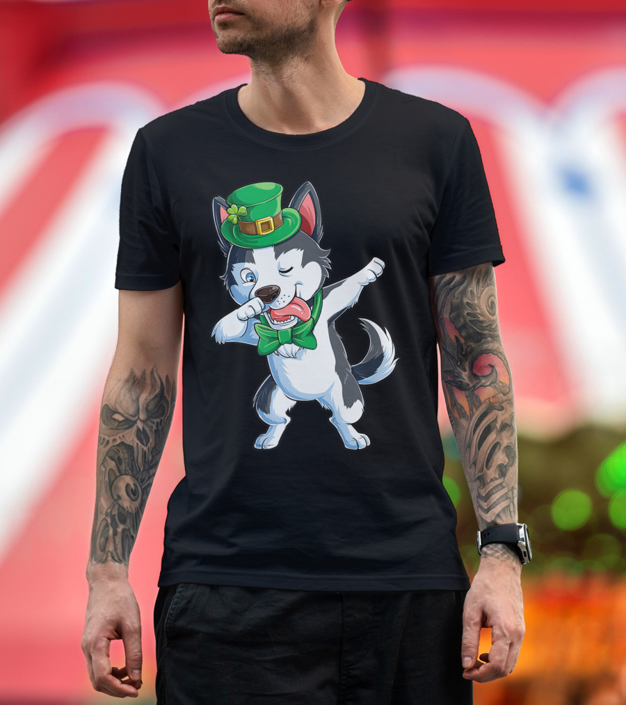 Siberian Husky Dabbing St Patricks Day Leprechaun Hat Bow Tie T-Shirt