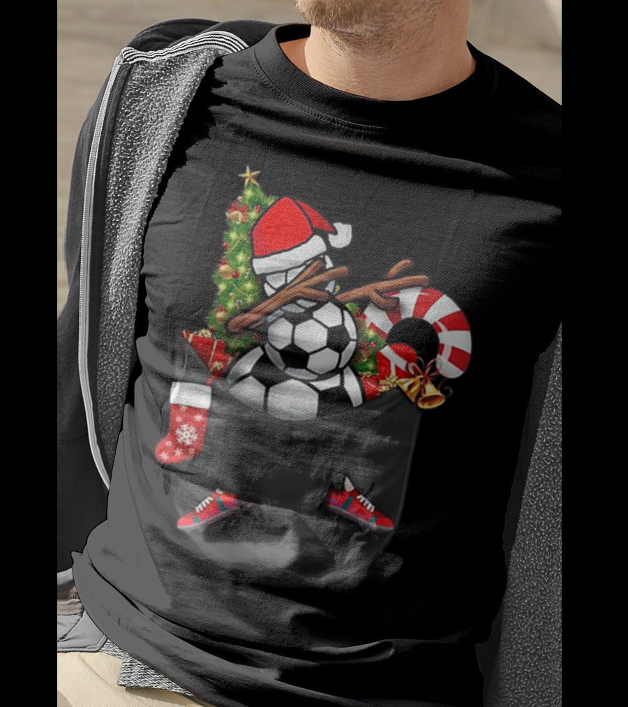 Dabbing Snowman With Soccer Ball And Christmas Decorations In Pocket T-Shirt