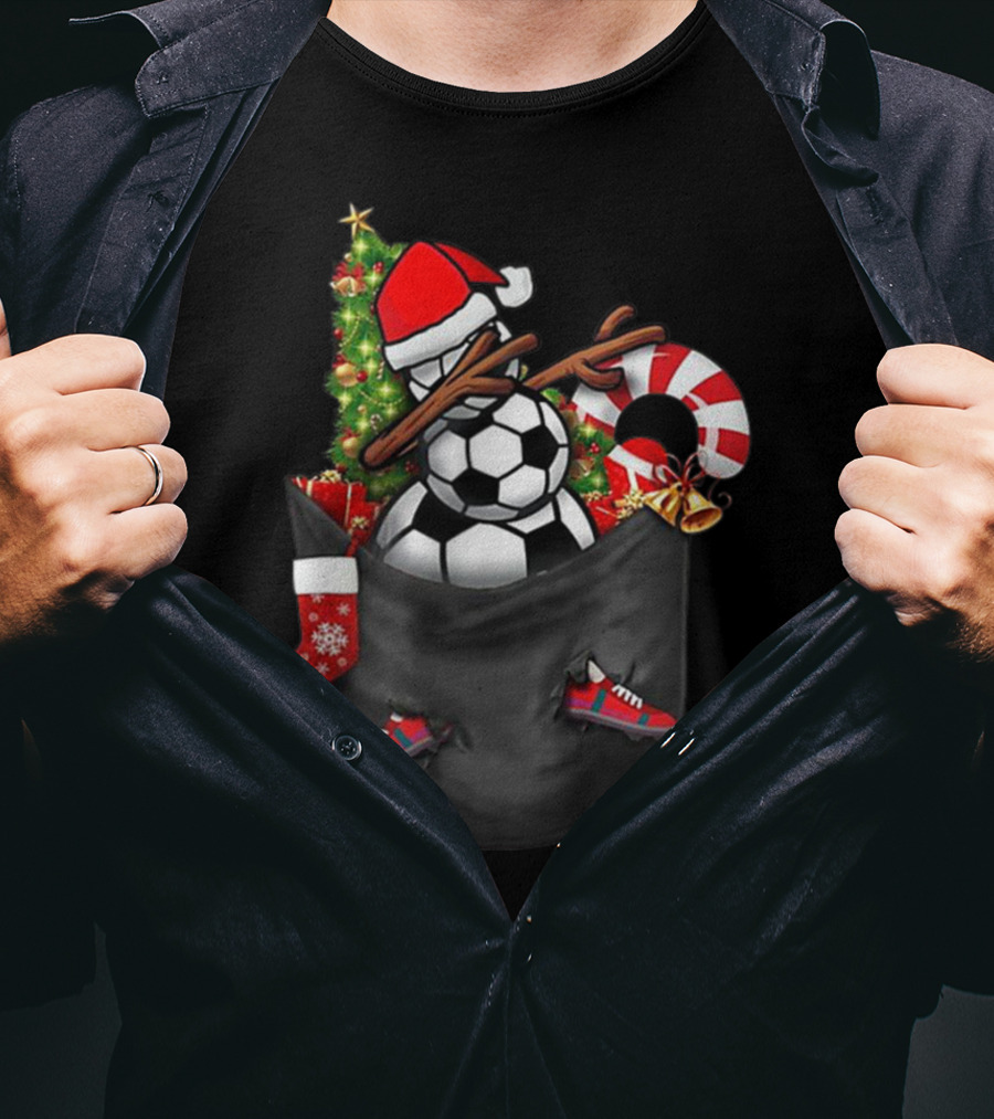 Dabbing Snowman With Soccer Ball And Christmas Decorations In Pocket T-Shirt