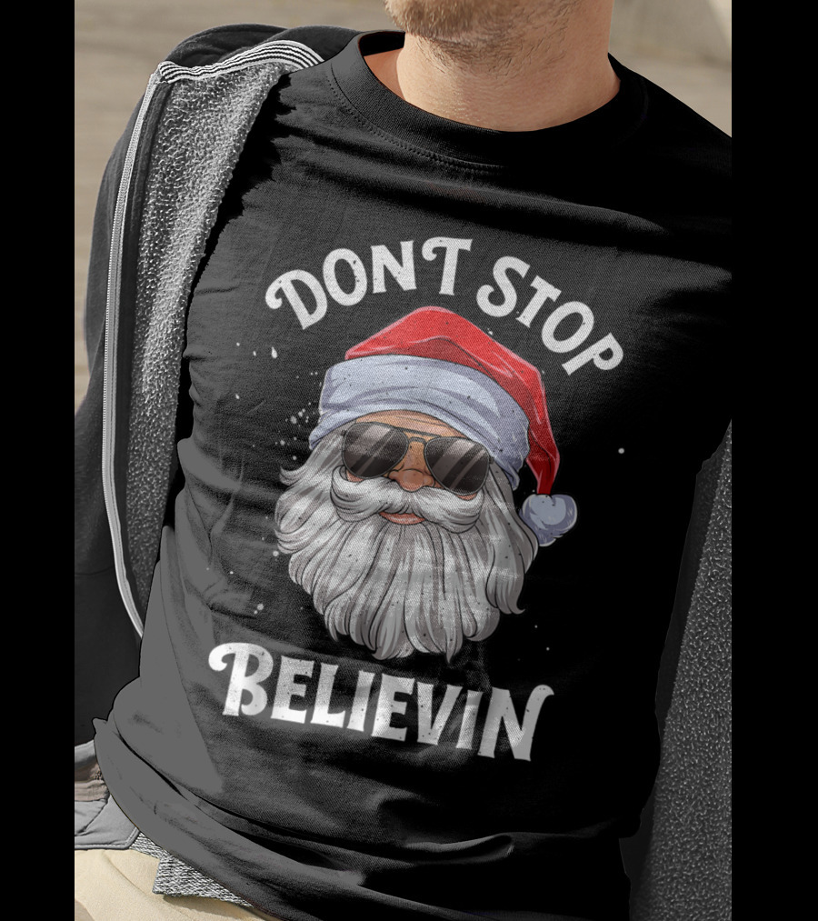 Dont Stop Believin Santa Christmas Boys Sunglasses Holiday T-Shirt