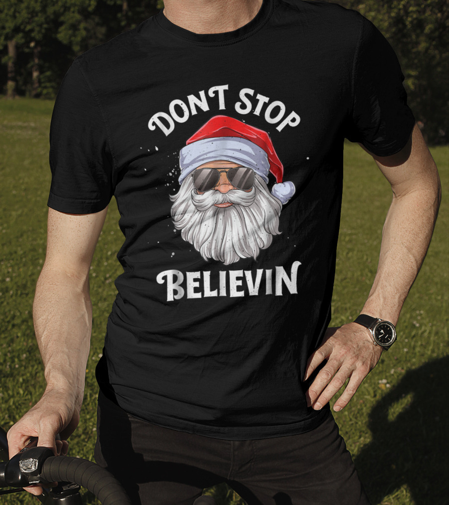 Dont Stop Believin Santa Christmas Boys Sunglasses Holiday T-Shirt