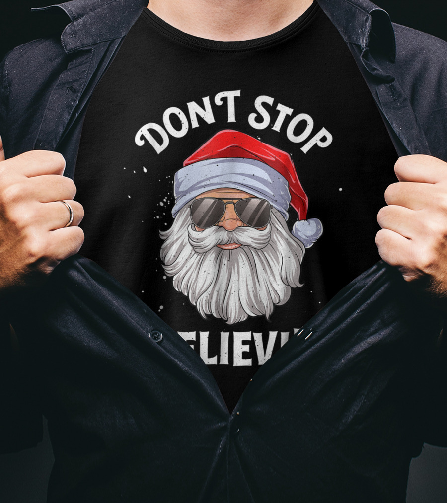 Dont Stop Believin Santa Christmas Boys Sunglasses Holiday T-Shirt